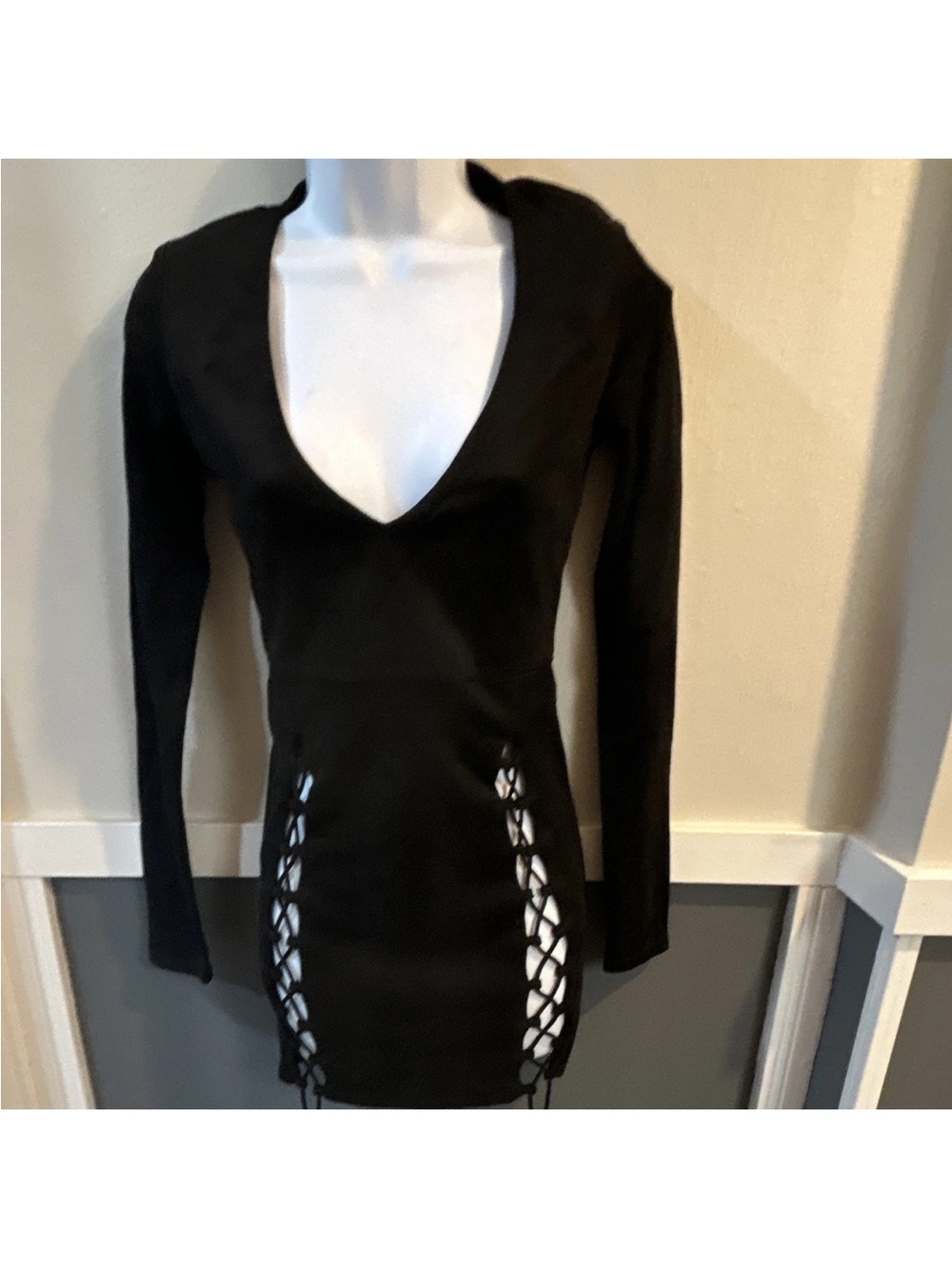 Long Sleeve Black Mini Dress with Lace-Up Sides